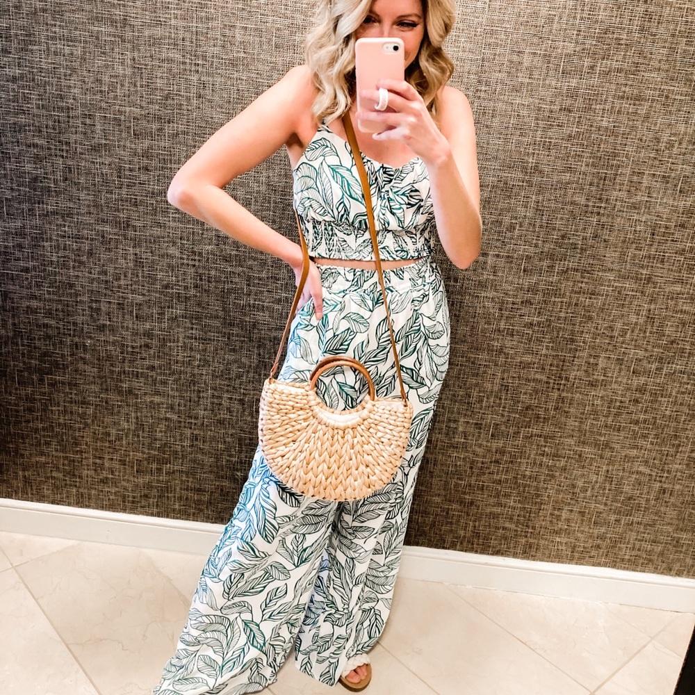 Pink Lily White and Green Leaf Print Jumpsuit